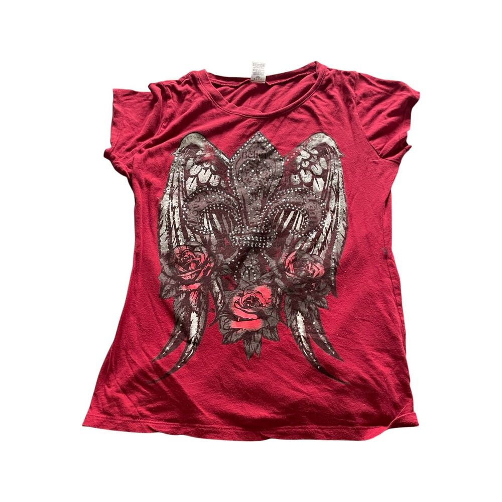 Vintage Y2K Baby Tee Wings Roses Fleur de Lis Grunge McBling Emo Pink/Red XL